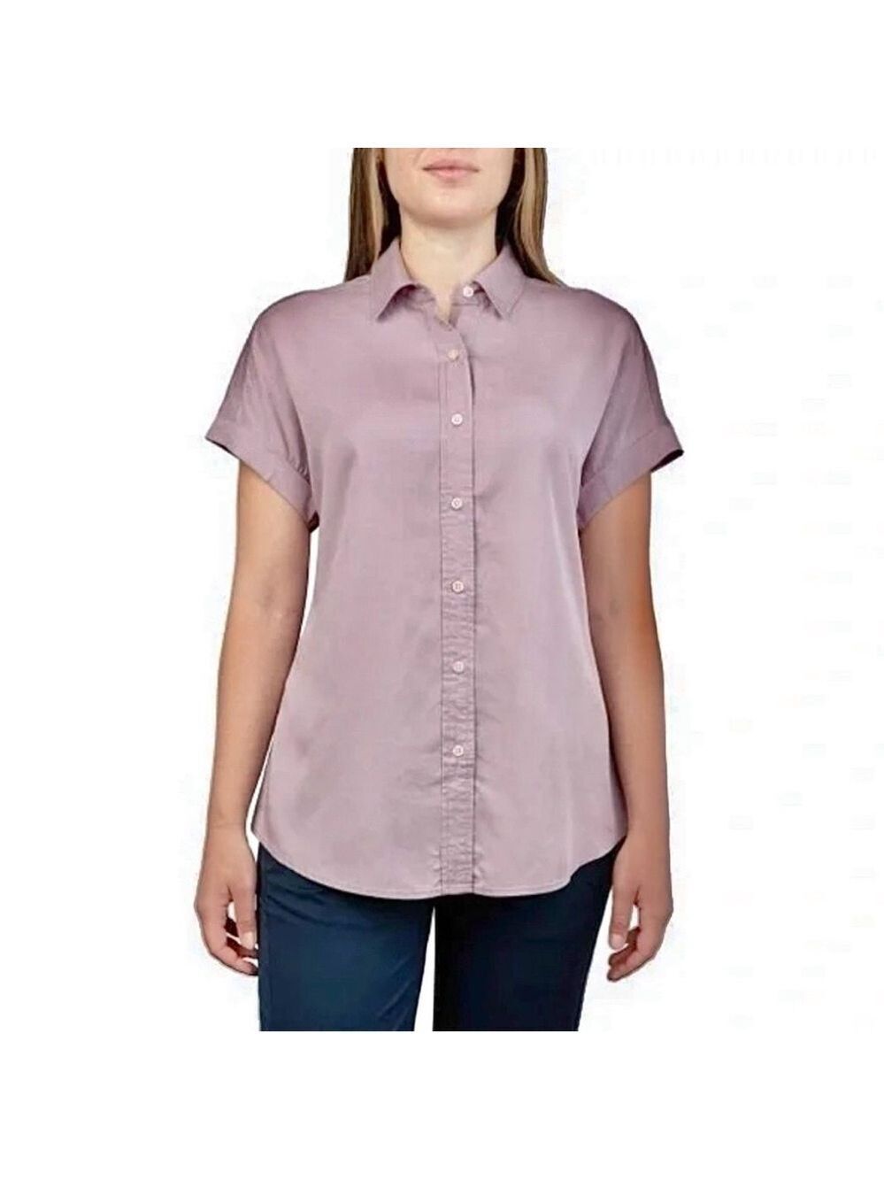 Tilley Short Sleeve Travel Camp Tencel Button Up greyish-mauve Shirt, size S
